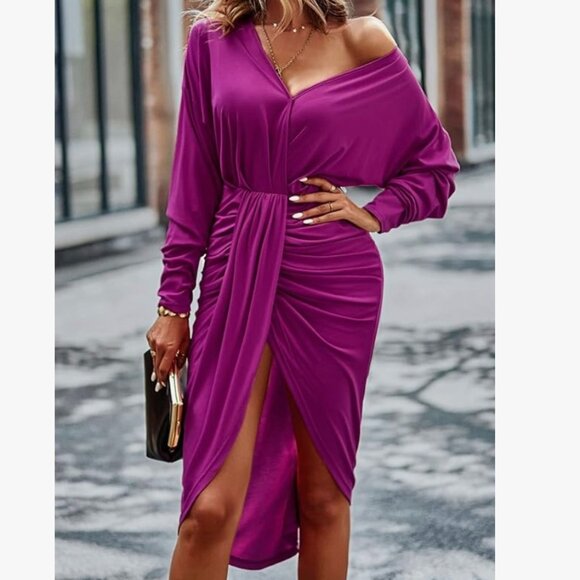 Ruched Wrap Midi Dress - Long Sleeve V-Neck w/ Split Hem | Elegant & Flattering - Picture 4 of 9